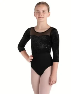 Børn Dansebutikken Balletdragter Børn-Bloch halvlang ærmet dragt i sort med mesh og velour