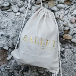 Dansebutikken Andet Til Ballet-Hør rygsæk/mulepose med guld BALLET skrift