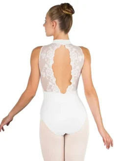 Dame Dansebutikken Balletdragter Damer|Dansebody Damer-Hvid dragt m. blonde og høj hals fra Ballet Rosa