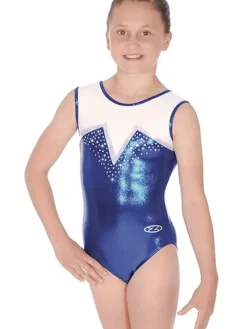 Dansebutikken Dragter Piger-Hvid/sølv/blå ærmeløs gymnastikdragt til piger