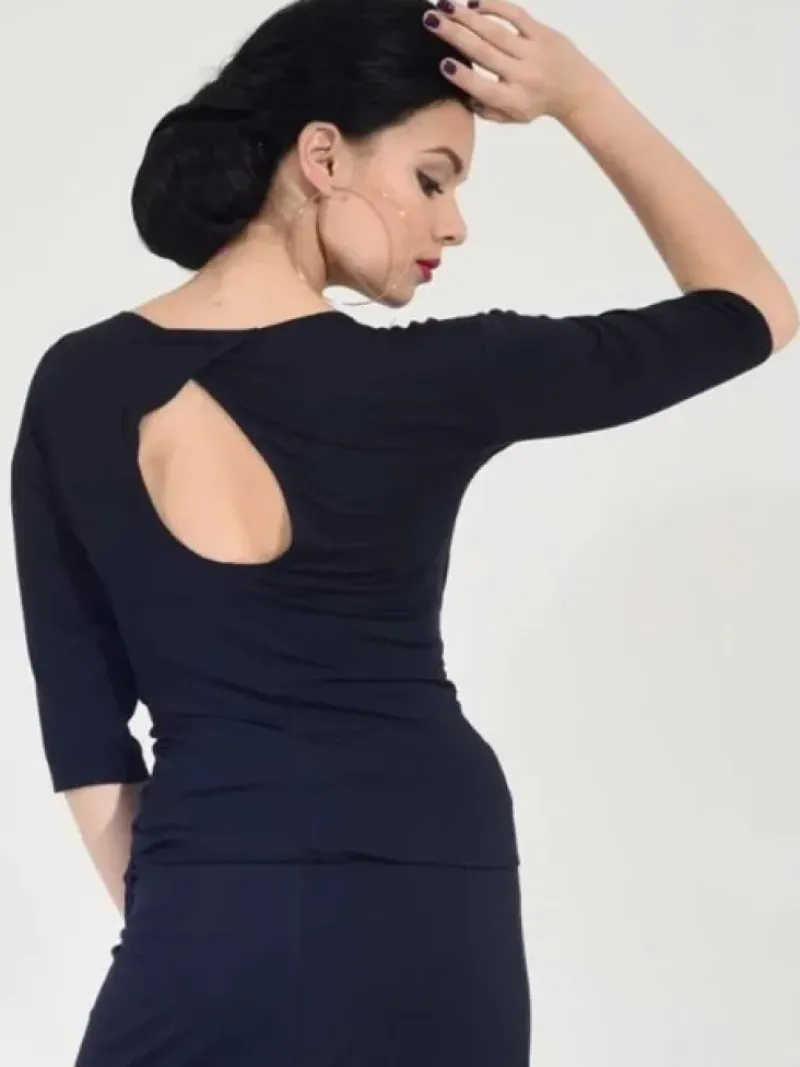 Dame Dansebutikken Danseoverdele Damer-Sort bluse med bådhals og 3/4 lange ærmer