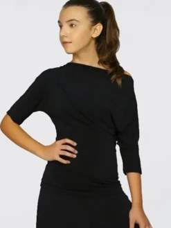 Dame Dansebutikken Danseoverdele Damer-Sort bluse med bådhals og halv lange ærmer