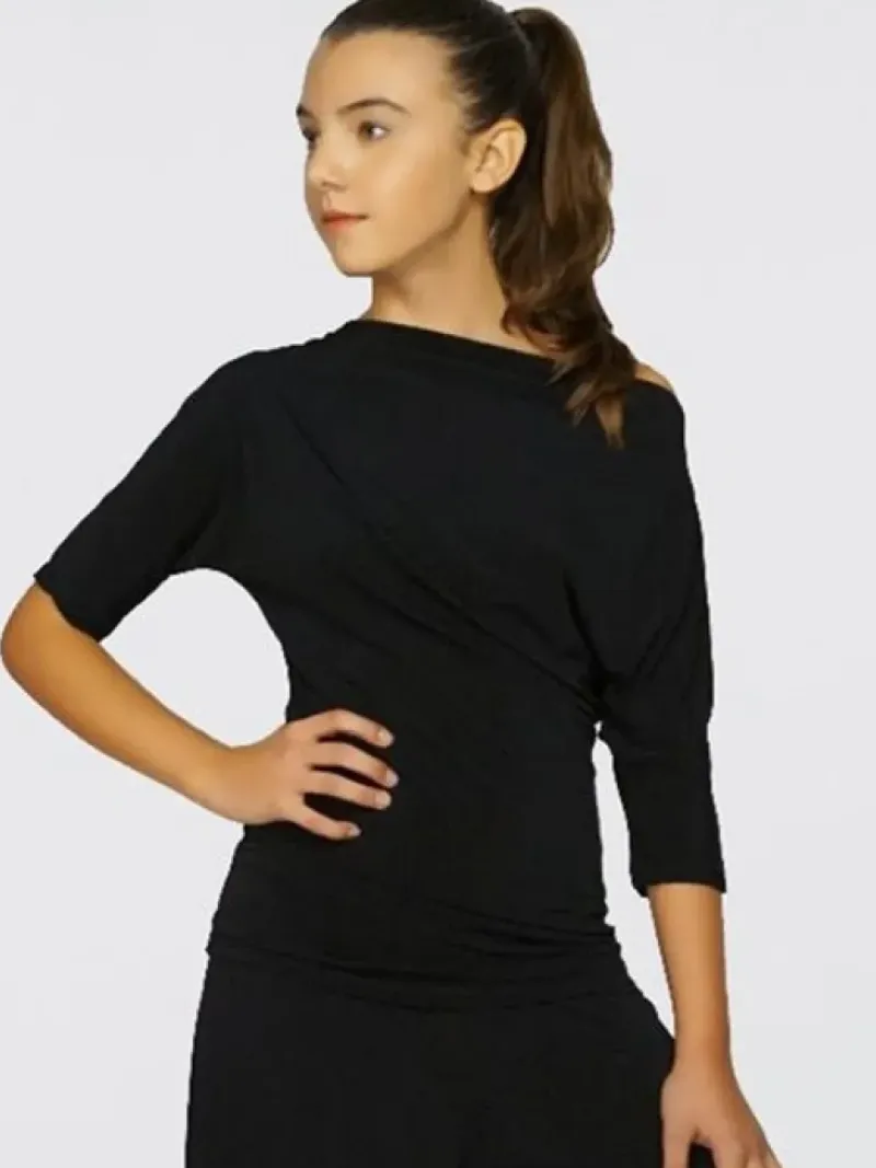 Dame Dansebutikken Danseoverdele Damer-Sort bluse med bådhals og halv lange ærmer