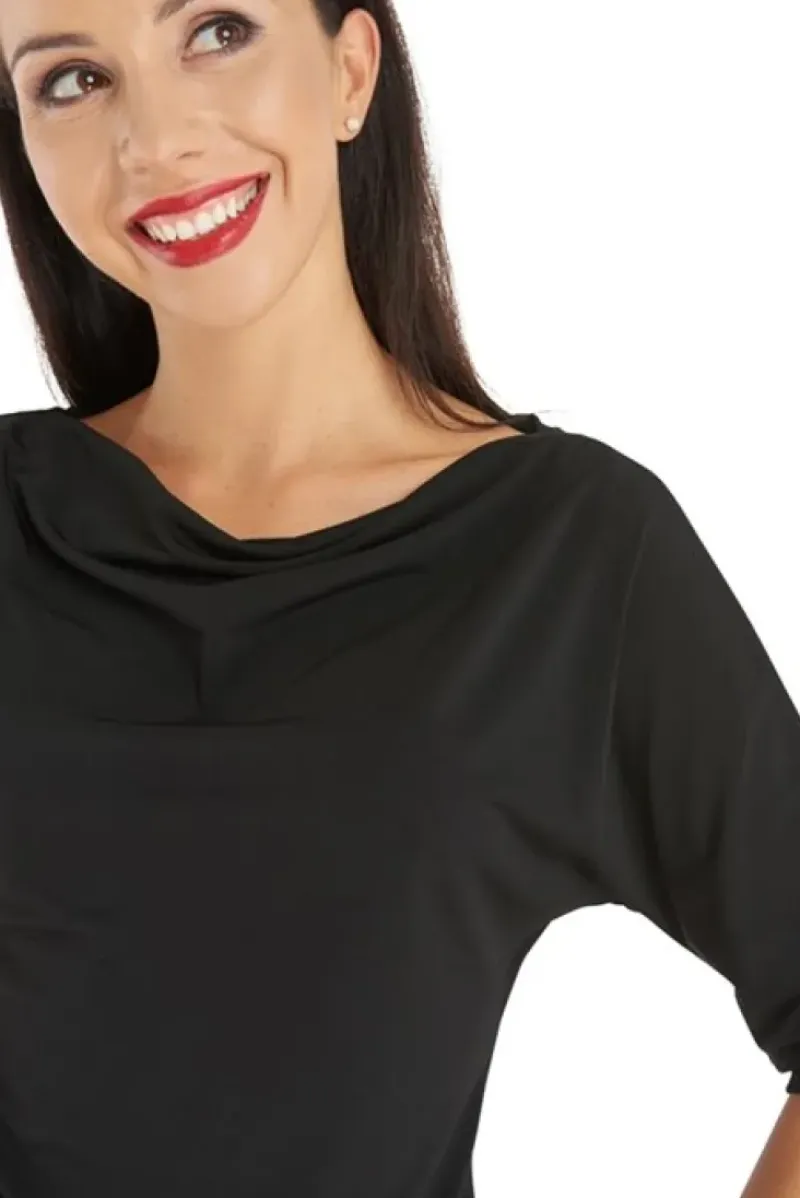 Dame Dansebutikken Danseoverdele Damer-Sort bluse med bådhals og halv lange ærmer