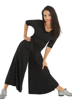 Dame Dansebutikken Danseoverdele Damer-Sort bluse med bådhals og halv lange ærmer