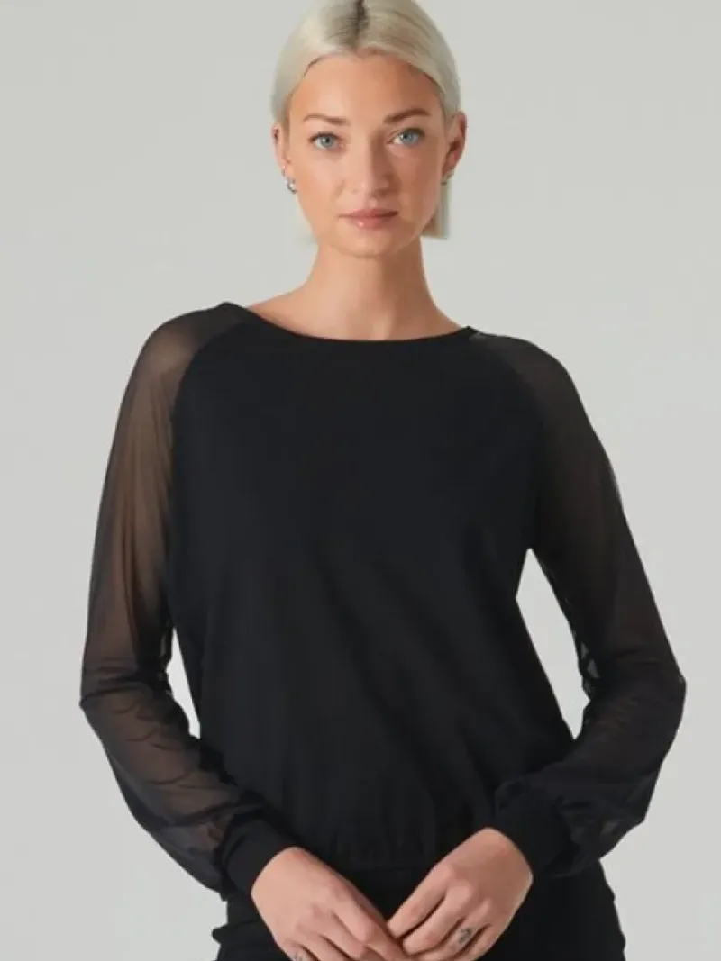 Dame Dansebutikken Danseoverdele Damer-Sort danse bluse med lange chiffon ærmer