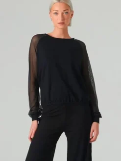 Dame Dansebutikken Danseoverdele Damer-Sort danse bluse med lange chiffon ærmer