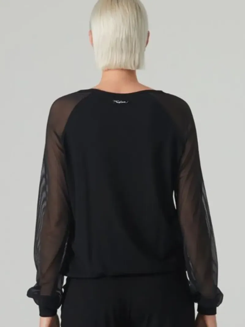 Dame Dansebutikken Danseoverdele Damer-Sort danse bluse med lange chiffon ærmer