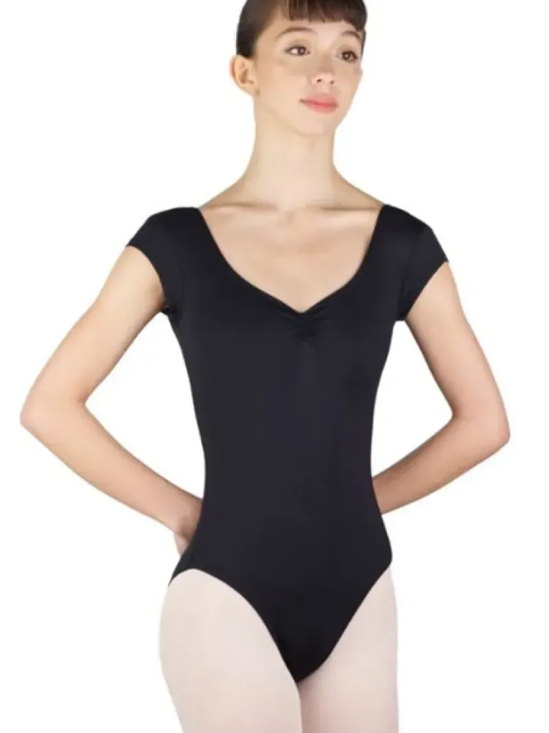 Dame Dansebutikken Balletdragter Damer|Dansebody Damer-Sort dragt med lille ærme og rynk BalletRosa