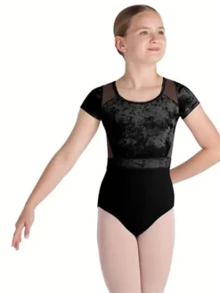 Børn Dansebutikken Balletdragter Børn-Sort dragt med velour, mesh og flot ryg fra Bloch