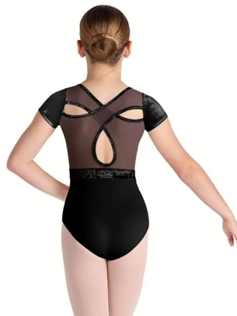 Børn Dansebutikken Balletdragter Børn-Sort dragt med velour, mesh og flot ryg fra Bloch